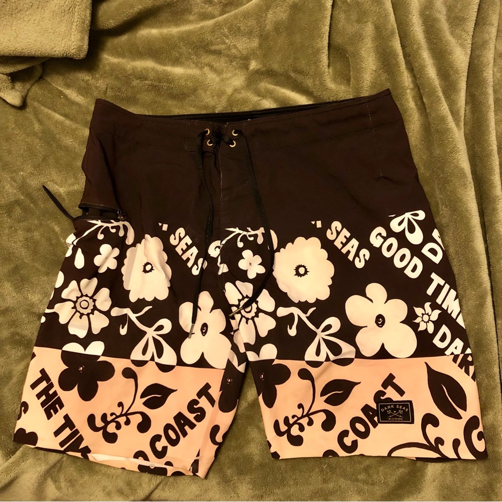 [3/$15] Dark Seas Division Brown Floral Swim Trunks